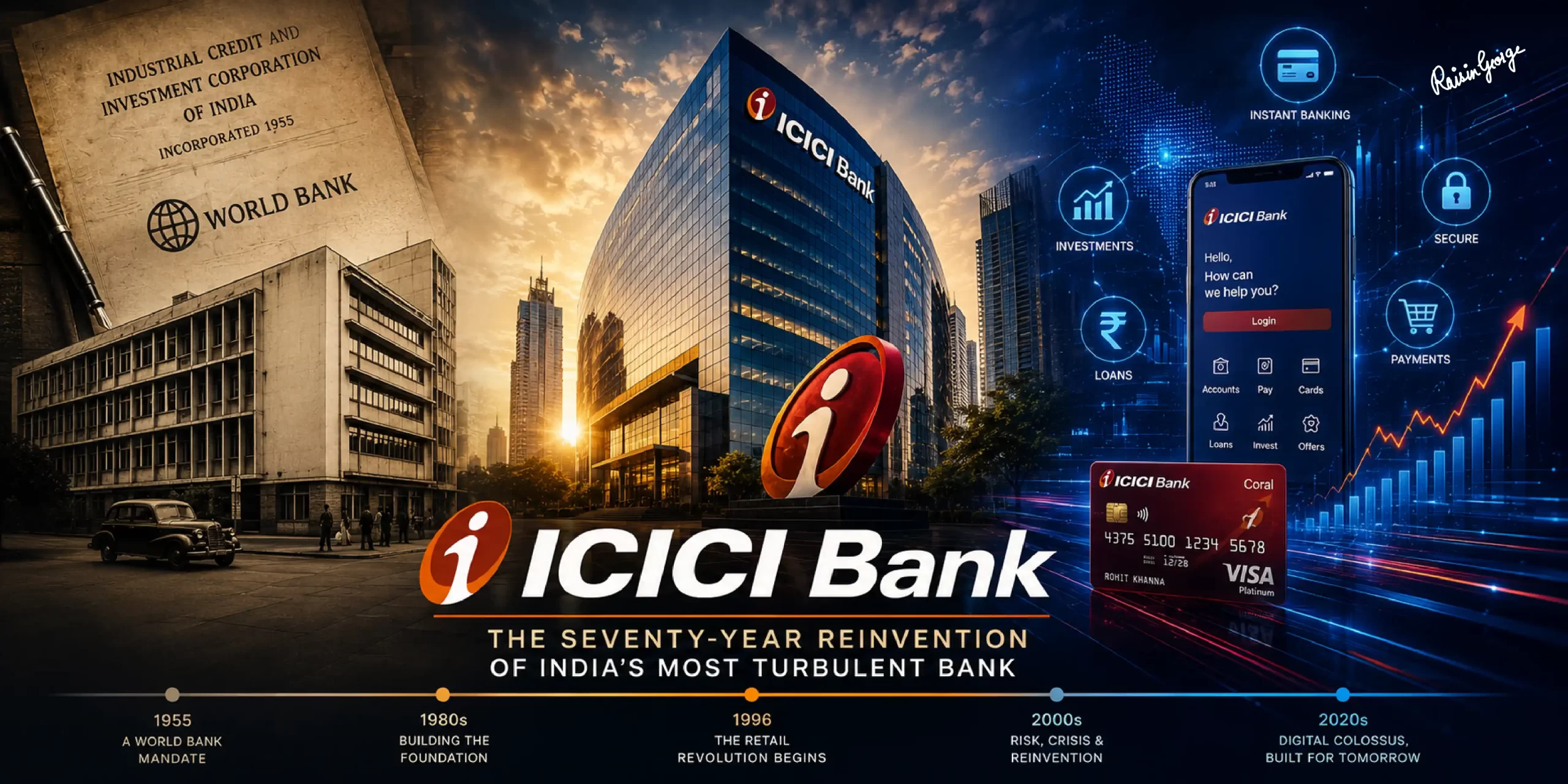 ICICI Bank — The Institution That Kept Rebuilding Itself: Visual timeline from 1955 World Bank mandate through the 1996 retail revolution to the 2020s digital colossus